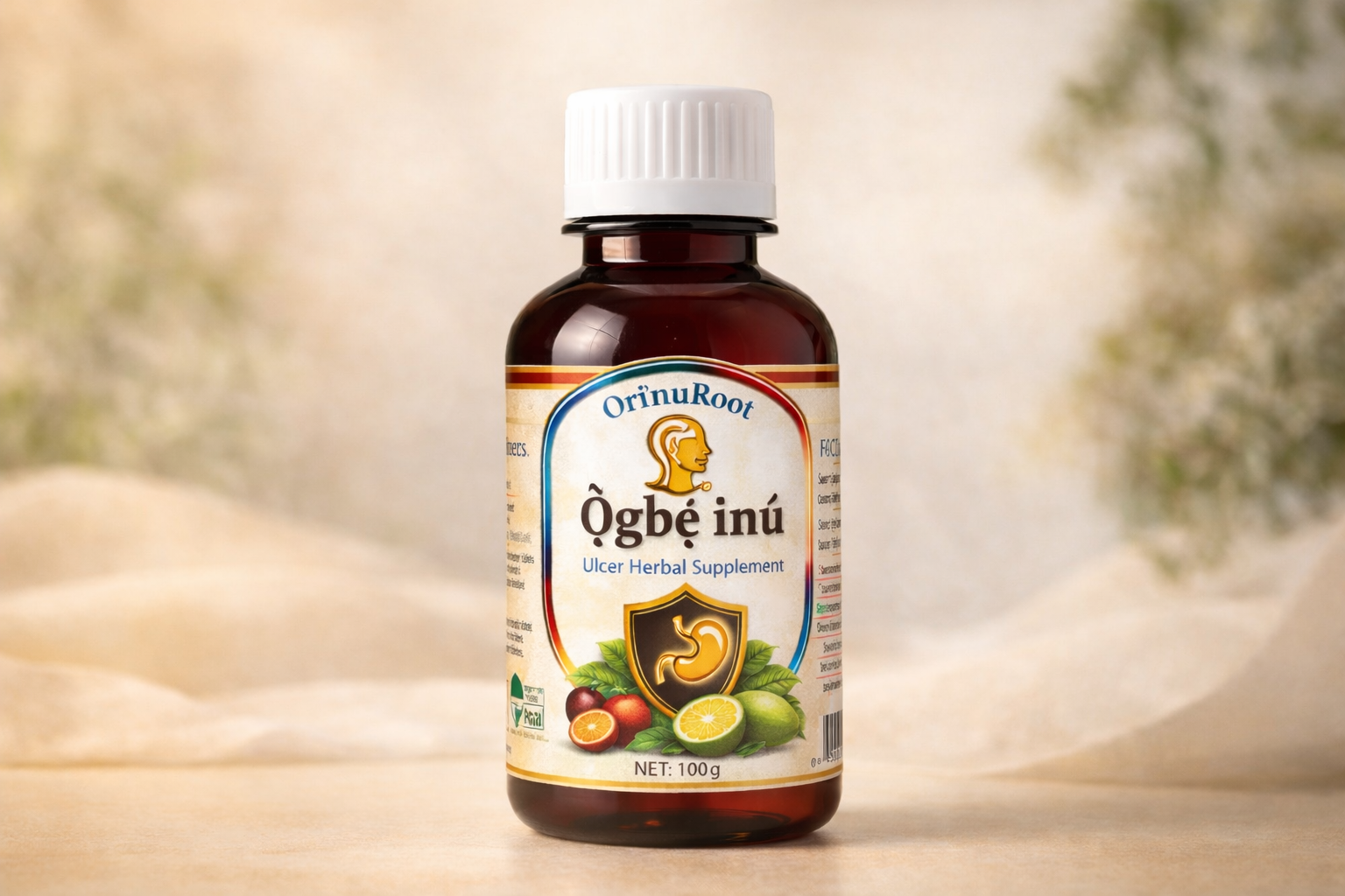 Ọ̀gbẹ̀ Inú Ulcer Herbal Supplement bottle by Ori’nuRoot with palm oil lime and scent leaf