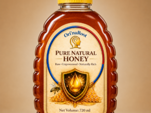 Ori’nuRoot Pure Natural Honey bottle with rich dark honey and premium honeycomb label