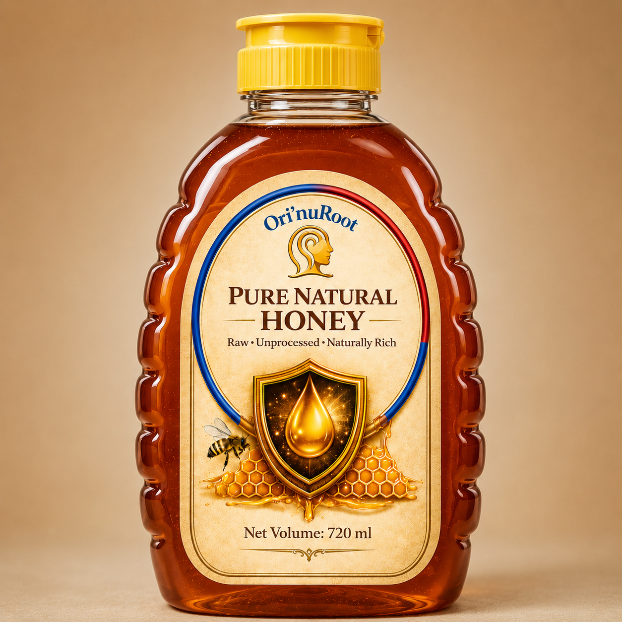 Ori’nuRoot Pure Natural Honey bottle with rich dark honey and premium honeycomb label